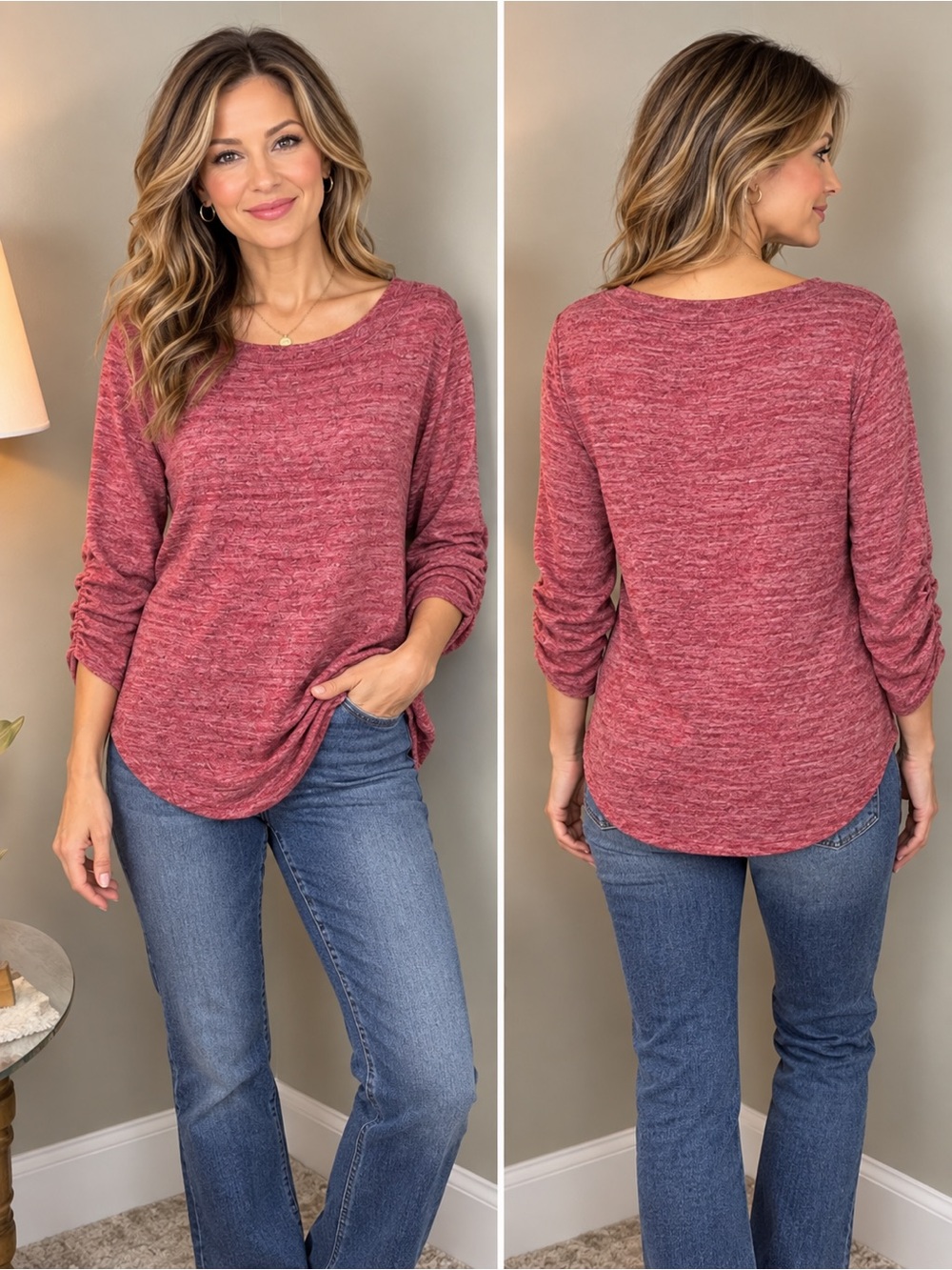 Saturday/Sunday Anthropologie
Burgundy Ruched Sleeve Soft Knit
Top S